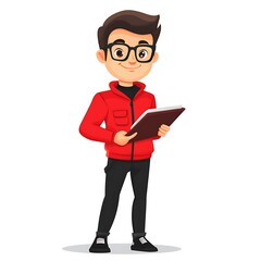 Corporate employee in a red jacket and black pants, holding a folder, cartoon style, on a white background