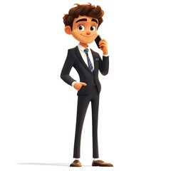 Obraz premium Cartoon sales guy in a formal suit, standing with a phone in hand discussing business on a white background.