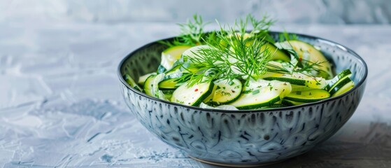 Obraz premium A fresh, vibrant cucumber salad in a textured ceramic bowl garnished with dill, showcasing a delicious and healthy culinary delight.