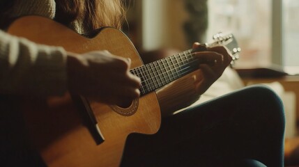 Fototapeta premium A woman is playing a guitar in a living room