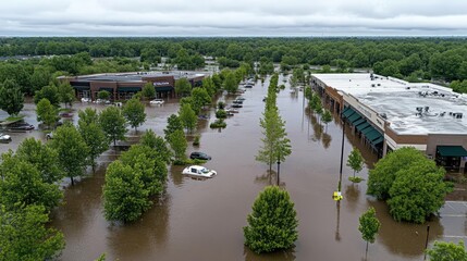 Obraz premium High angle view of a flooded parking lot at an outdoor shopping center with cars underwater after a spring downpour and strong winds