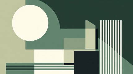 Abstract geometric shapes in muted greens and beige.