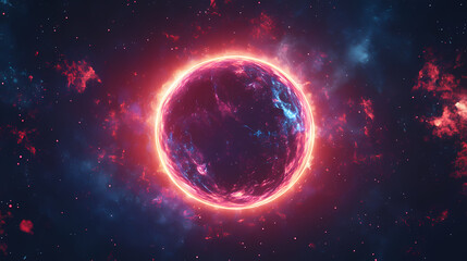 Obraz premium A vibrant neon circle with glowing particles against a dark background, perfect for modern designs and abstract concepts. Aether. Illustration