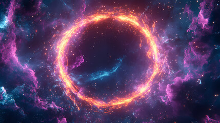 Obraz premium A vibrant neon circle with glowing particles against a dark background, perfect for modern designs and abstract concepts. Aether. Illustration