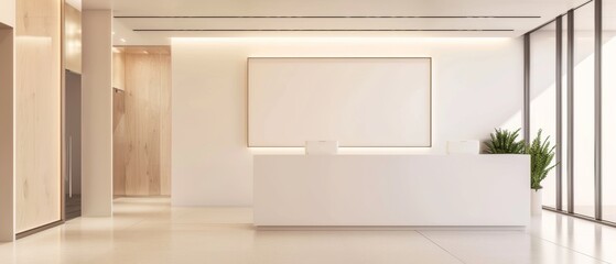 Fototapeta premium A modern, minimalist lobby awash in natural light, featuring a sleek reception counter and inviting atmosphere of sophisticated calm.