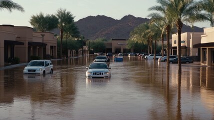 High angle view of a flooded parking lot at an outdoor shopping center with cars underwater after a spring downpour and strong winds