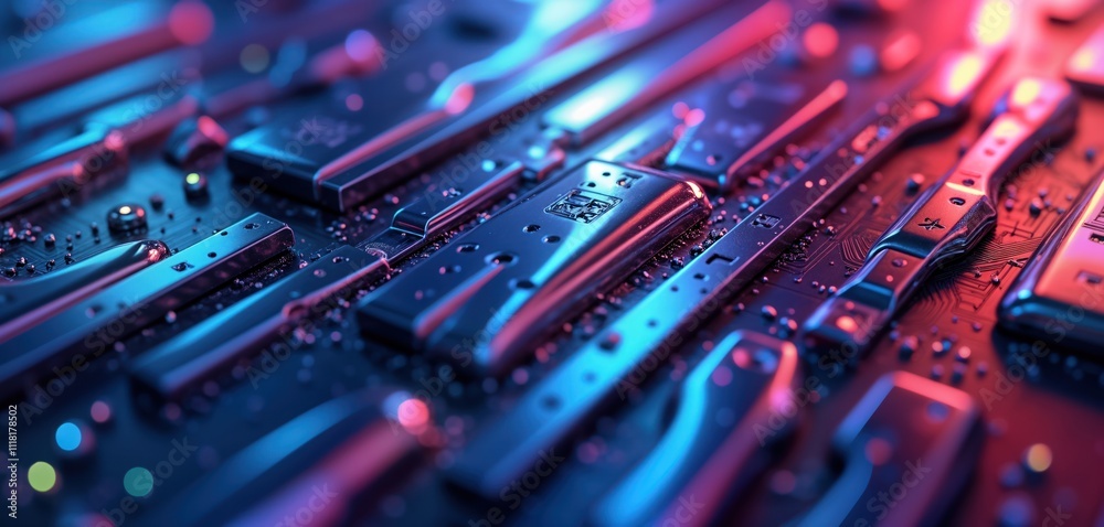 Poster abstract illustration of tech circuit components. metallic parts, dark background. futuristic design