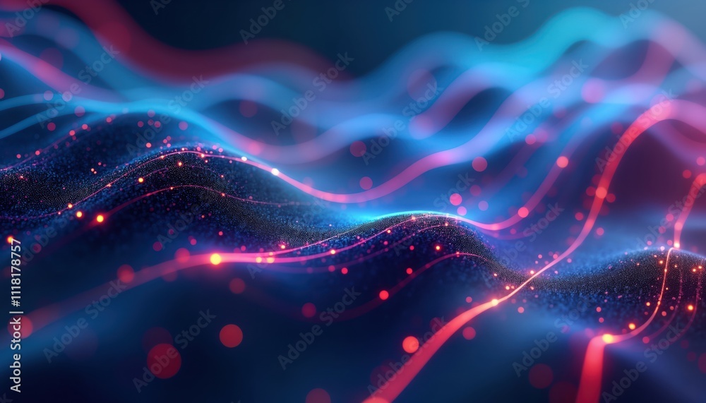 Poster Abstract tech background shows glowing lines, particles. Dynamic design illustrates futuristic tech. Modern, innovative tech design. Digital illustration suggests interconnectedness. Image useful for