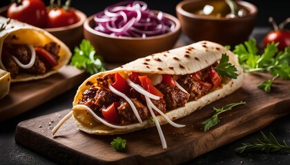 Close-up of a Delicious, Savory Wrap Filled with Meat, Vegetables, and Cheese on a Wooden Cutting Board