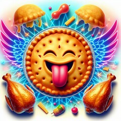 Pie and Chicken A savory pie with a tongue out surrounded by hol