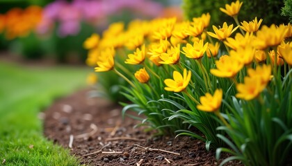 Close-up view of vibrant yellow flowers blooming in garden bed. Brown mulch surrounds plants. Rich green foliage, soil are visible. Springtime beauty, vibrant colors create natural landscape design.
