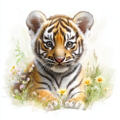 Obraz premium Adorable Baby Tiger Cub Surrounded by Vibrant Wildflowers in a Lush Setting