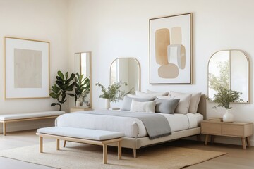 Naklejka premium Bright contemporary bedroom features large bed with light beige quilt, gray throw. Stylish mirrors, light beige walls create relaxing atmosphere. Natural light streams in through window. Wooden