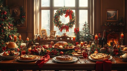 Flat design holiday feast in a Victorian-style dining room with vibrant food ornate decor and festive colors