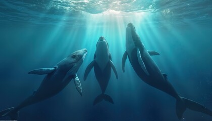 Obraz premium Three whales gracefully swim in triangular formation underwater. Fins pointed upwards. Whales appear to perform synchronized swimming routine. Sunlight shines from above. Underwater scene. Ocean