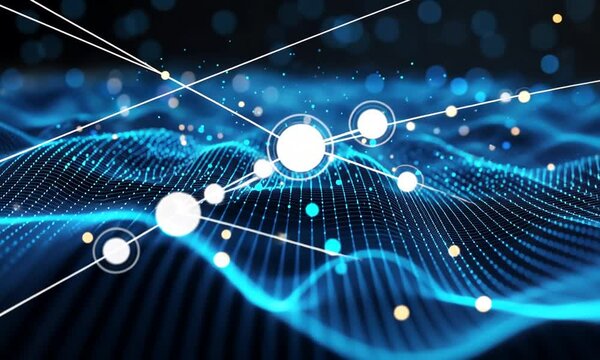 Abstract Network Flow: Dynamic visualization of interconnected nodes and data streams, flowing across a digital landscape.  A captivating image representing global communication, data processing.