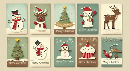 Various Christmas, New Year card and banner collection: Santa Claus, Christmas tree, snowman, reindeer, ornament, xmas elements and decorations and many more