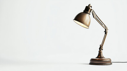 A vintage brass desk lamp with adjustable arm casting a warm glow against a minimalist white background, perfect for modern and traditional interiors.