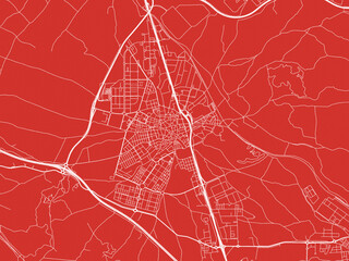 Christmas Map of Valdemoro, Spain in Snowy White on Festive Red Background.