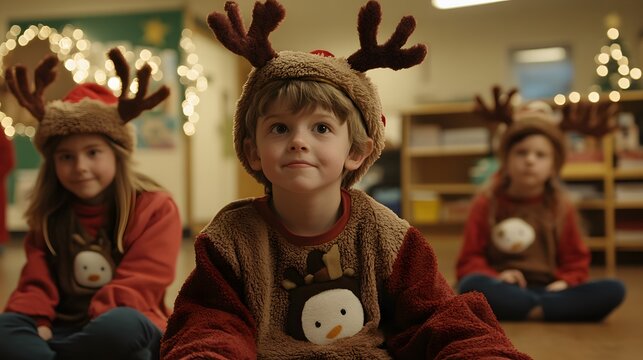 A storytelling capture of students practicing a Christmas skit in costumes, preparing for a classroom performance.