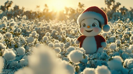 Obraz premium Cute Snowman Character in Santa Hat Smiling in Cotton Field at Sunset