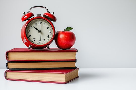 Classic alarm clock and red apple on stacked books illustrating time management and education focus - Powered by Adobe