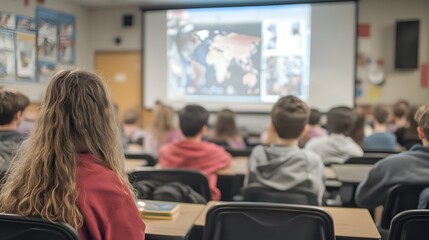 Fototapeta premium Students watching a video about New Year s Eve celebrations around the world on a classroom projector.