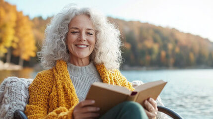 A joyful woman with curly gray hair enjoys reading book outdoors by serene lake, surrounded by autumn foliage. warm sunlight enhances peaceful atmosphere
