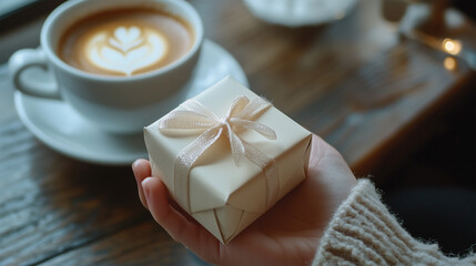 A person is holding a white box with a ribbon on it