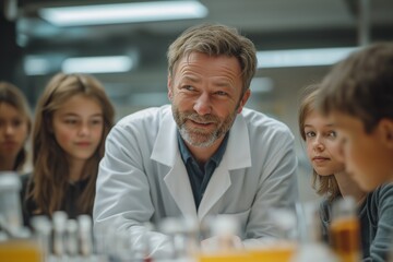 Obraz premium Engaged science teacher in lab coat inspiring attentive young students during interactive chemistry lesson at modern educational facility
