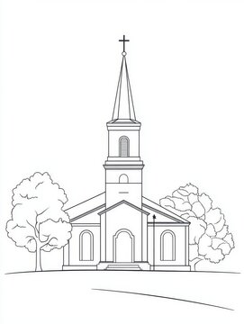 black and white church building with trees clip art preview