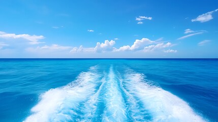 Vast ocean horizon with clear blue skies and boat wake, capturing the essence of freedom and adventure on a sunny day.