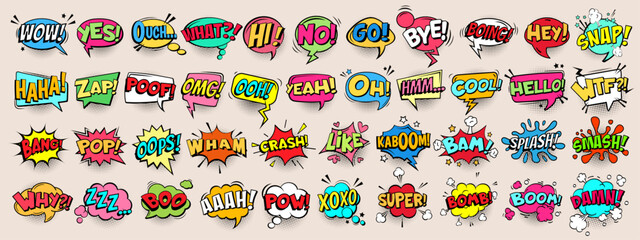 Retro comic speech bubble, business message or chat box, cloud, balloon, doodle frame, idea symbol and cartoon sticker set with text sound, explosion bomb, splash and grunge halftone effect. Fun quote