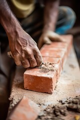 Skilled Craftsman Engaging in Traditional Brickwork Craftsmanship with Hand Tool and Raw Materials