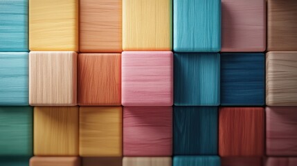 Wooden colored blocks stacked to form an abstract pattern, each displaying unique textures. The arrangement showcases creativity and artistic balance with vibrant colors.