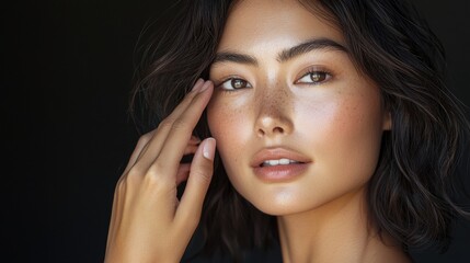 Obraz premium Natural portrait of an asian woman studio high fidelity warm lighting close-up minimal makeup