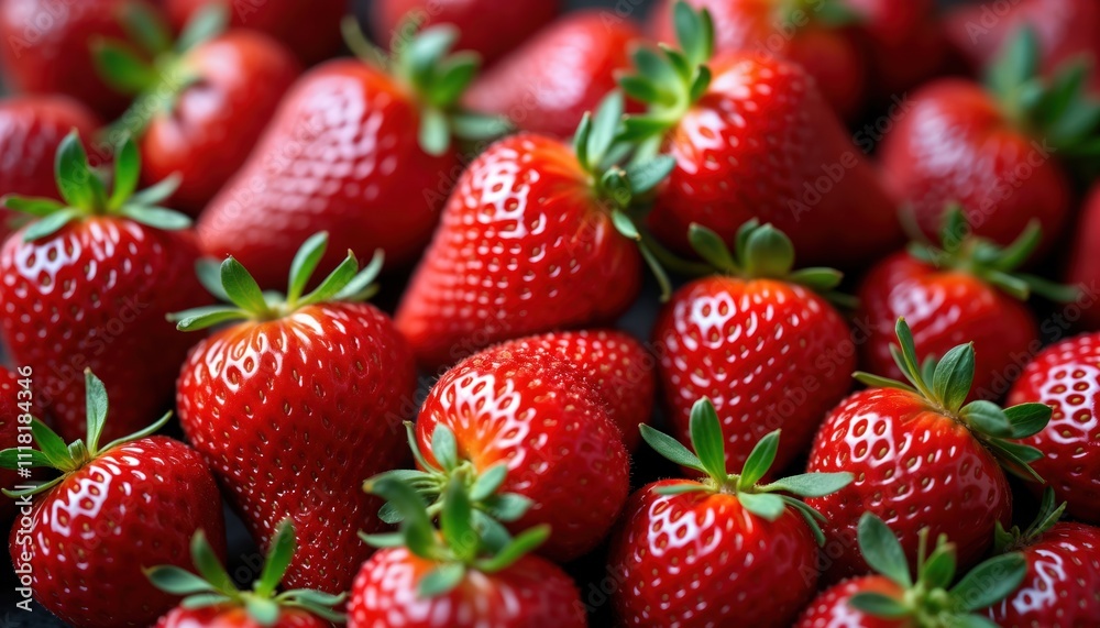 Wall mural Close-up view of fresh juicy strawberries. Red berries with green leaves densely packed. Image highlights vibrant red color, texture of strawberries. Perfect for food photography, stock for summer