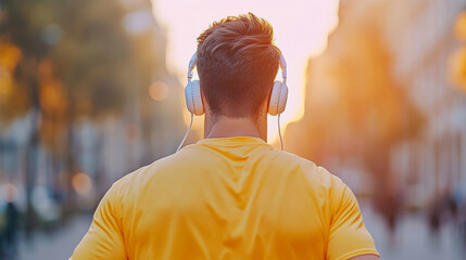Fototapeta premium Enjoying sunset run, man in yellow shirt listens to music through headphones, embracing vibrant atmosphere of city