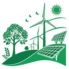 Carbon Neutral Power Illustration Clean Energy Design with Solar and Wind Technologies Perfect for Green Branding and Environmental Projects