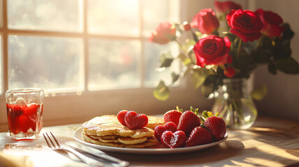 A Valentine's Day breakfast table with pancakes shaped like hearts, fresh strawberries, and a bouquet of red roses, sunlight streaming through the window.