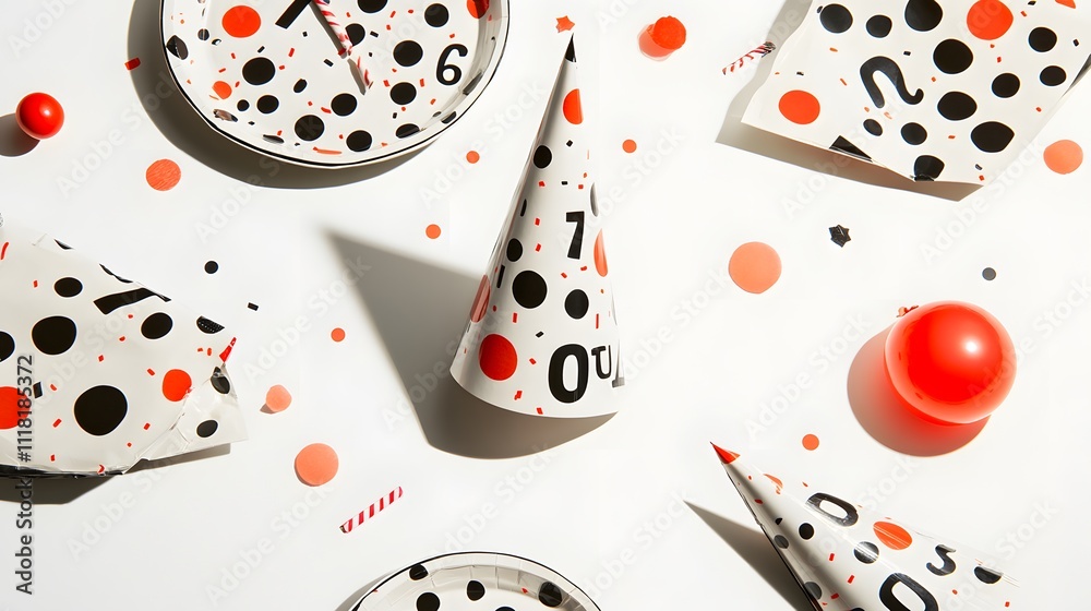 Poster A creative flat lay of a festive table setup with party horns, plates, and napkins featuring countdown numbers. White background. No shadow