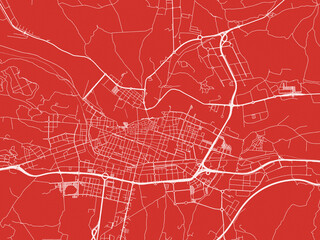 Christmas Map of Logrono, Spain in Snowy White on Festive Red Background.