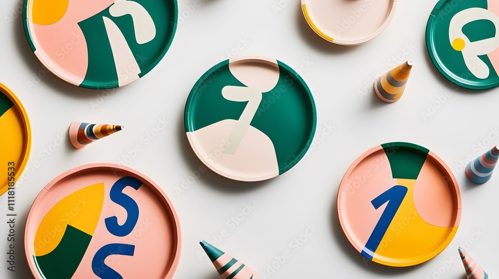 Poster A creative flat lay of a festive table setup with party horns, plates, and napkins featuring countdown numbers. White background. No shadow