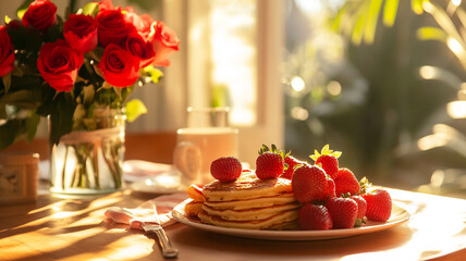 A Valentine's Day breakfast table with pancakes shaped like hearts, fresh strawberries, and a bouquet of red roses, sunlight streaming through the window.