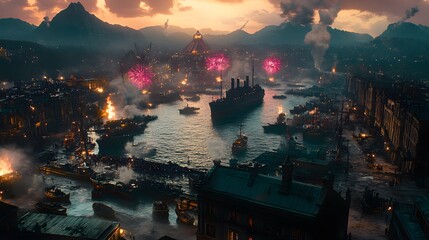 Fototapeta premium Aerial view of a bustling harbor city at sunset, with ships, fireworks, and smoke.