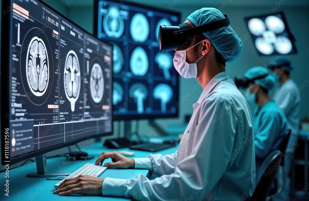 Poster surgeon uses vr headset examining detailed brain scans on high tech digital display. medical staff i