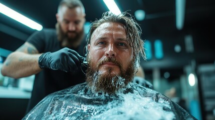 A man with a beard is getting a trim at a modern barbershop, while a barber works carefully. The ambiance is professional with stylish decor focused on grooming.