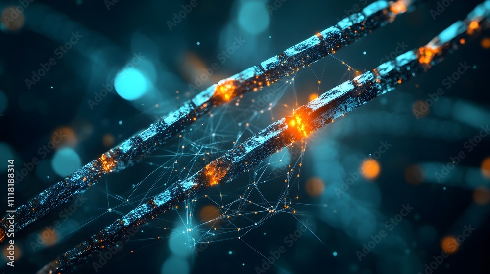 Poster a conceptual image depicting forks in blockchain technology, illustrating the split of a network int