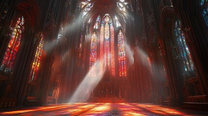 Naklejka premium A grand cathedral interior illuminated by colorful stained glass and dramatic light rays.
