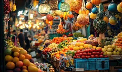 Vibrant market scene filled with colorful fruits and decorative lanterns.